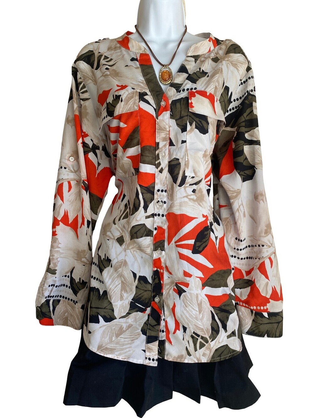 Calvin Klein Plus 1X Abstract Floral Button Up Blouse Green Orange Officecore